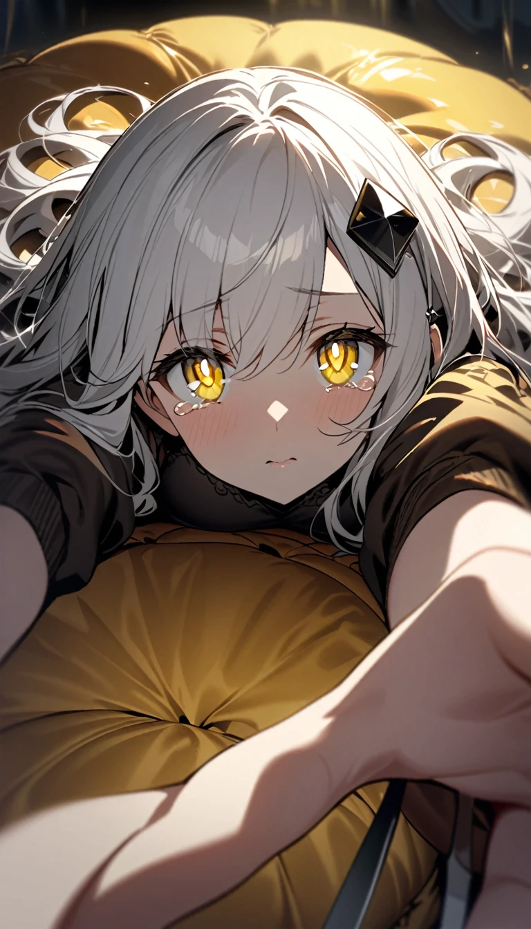 A woman, flowing white hair, melancholy eyes, yellow pupils, black diamond-shaped hairpin, She's lying on a super huge golden silk cushion. The woman is tearing up the cushions with scissors, arm support, arms up, incoming hug, pov, reaching, reaching towards viewer, looking at viewer, cowboy shot, dutch angle, lying down,