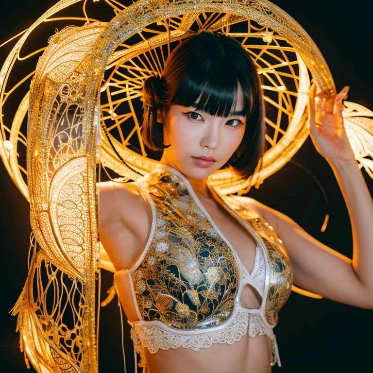 A portrait photo of a Japanese woman in her twenties，Made of white and silver clear glass and plastic, Geisha makeup, Black Hairstyle, Silver and gold metal internal body mechanism, Dynamic poses, Fluid organic structure, Fine carving, Lace design, Glowing golden circuit, colorful Neon decoration, Fine carving, Lace design, Light-emitting circuit, Neon decoration, Artworks by H.R. Giger, Greg Rutosky