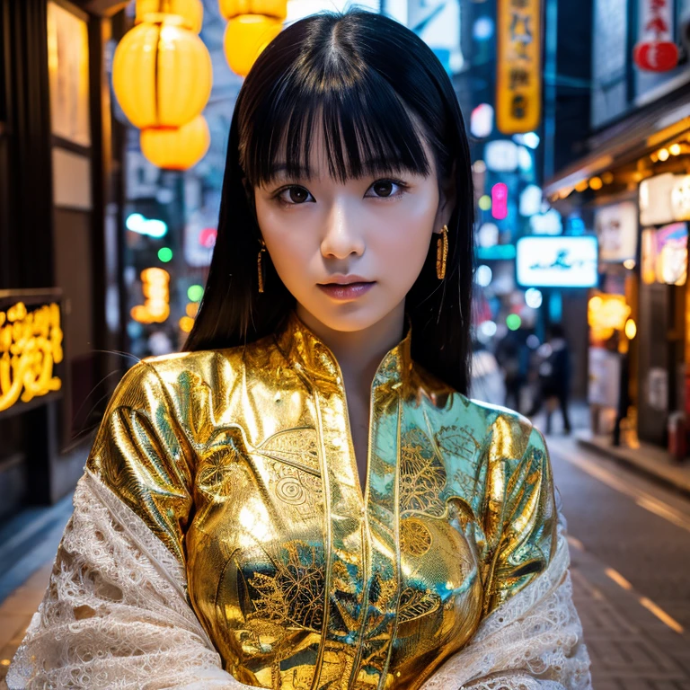 A portrait photo of a Japanese woman in her twenties,Made of white and silver clear glass and plastic, Geisha makeup, Black Hairstyle, Silver and gold metal internal body mechanism, Dynamic poses, Fluid organic structure, Fine carving, Lace design, Glowing golden circuit, colorful Neon decoration, Fine carving, Lace design, Light-emitting circuit, Neon decoration, Artworks by H.R. Giger, Greg Rutosky