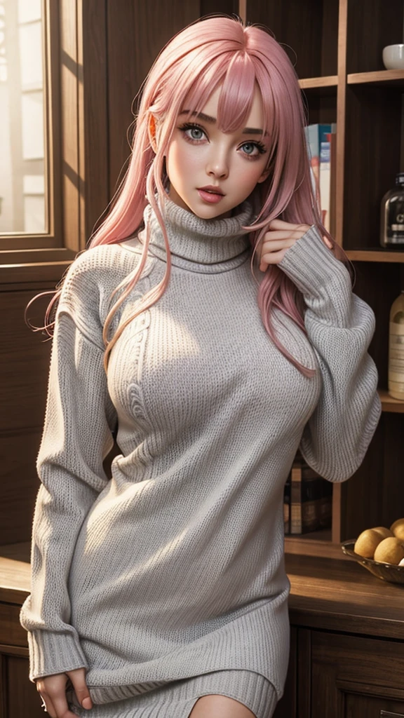 (masterpiece, best quality:1.2), flick, 1girl, solo, breasts, sweater, large breasts, ribbed sweater, looking at viewer, blush, white sweater, hand on hip, turtleneck, pink hair, two side up, long sleeves, cowboy shot, bangs, sweater dress, open mouth, turtleneck sweater, grey eyes, long hair, hair between eyes, :o