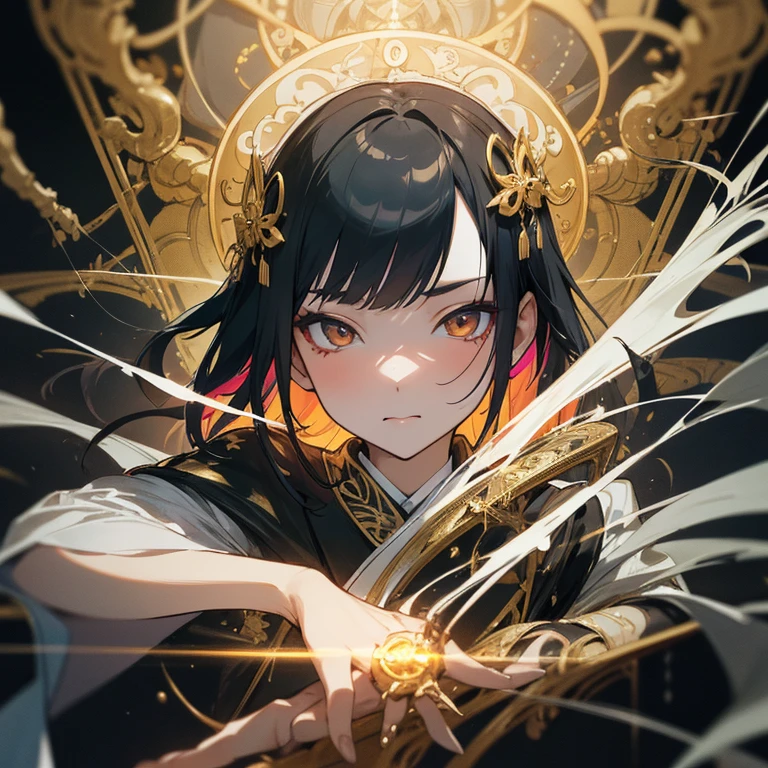 A portrait photo of a Japanese woman in her twenties，Made of white and silver clear glass and plastic, Geisha makeup, Black Hairstyle, Silver and gold metal internal body mechanism, Dynamic poses, Fluid organic structure, Fine carving, Lace design, Glowing golden circuit, colorful Neon decoration, Fine carving, Lace design, Light-emitting circuit, Neon decoration, Artworks by H.R. Giger, Greg Rutosky