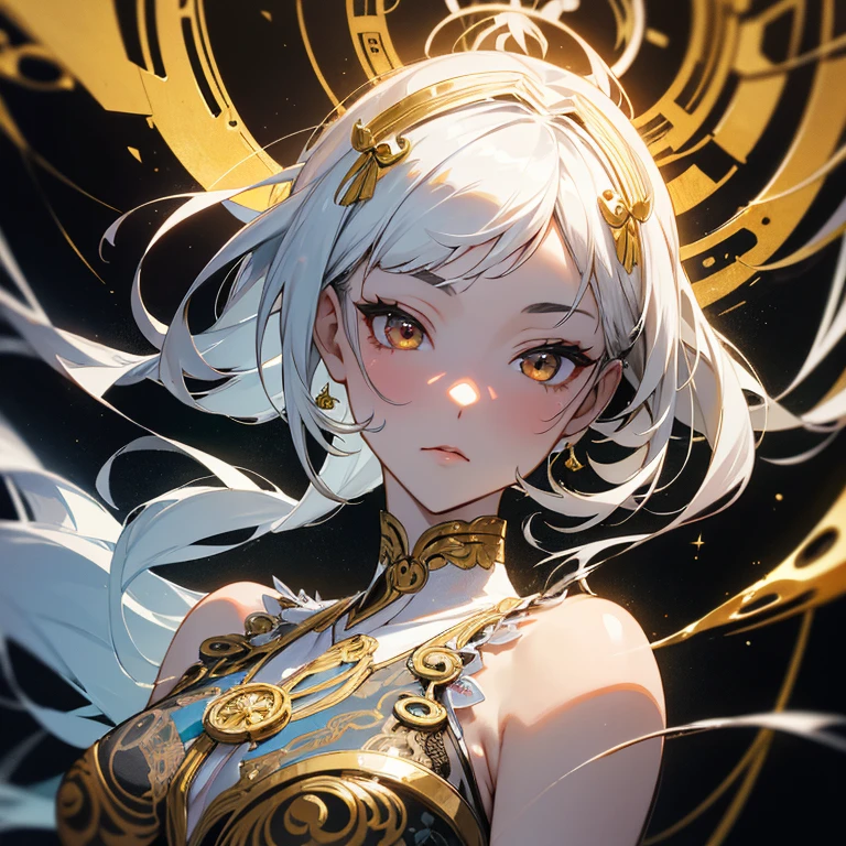 A portrait photo of a Japanese woman in her twenties,Made of white and silver clear glass and plastic, Geisha makeup, Black Hairstyle, Silver and gold metal internal body mechanism, Dynamic poses, Fluid organic structure, Fine carving, Lace design, Glowing golden circuit, colorful Neon decoration, Fine carving, Lace design, Light-emitting circuit, Neon decoration, Artworks by H.R. Giger, Greg Rutosky