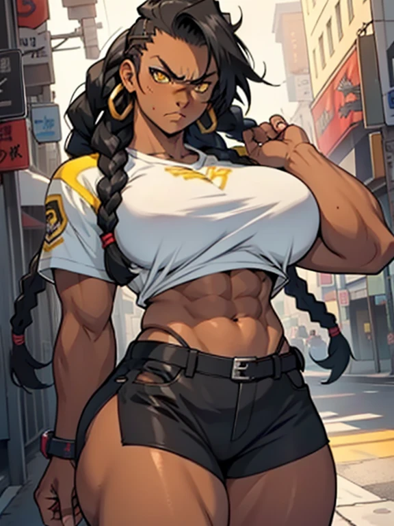 (1girl), black multiple braids mohawk hair swinging hair, extremely long hair, yellow eyes, ((muscular)), huge breasts, thick thighs, solo, angry, (dark tanned skin tone), cowboy shot, (serafuku)