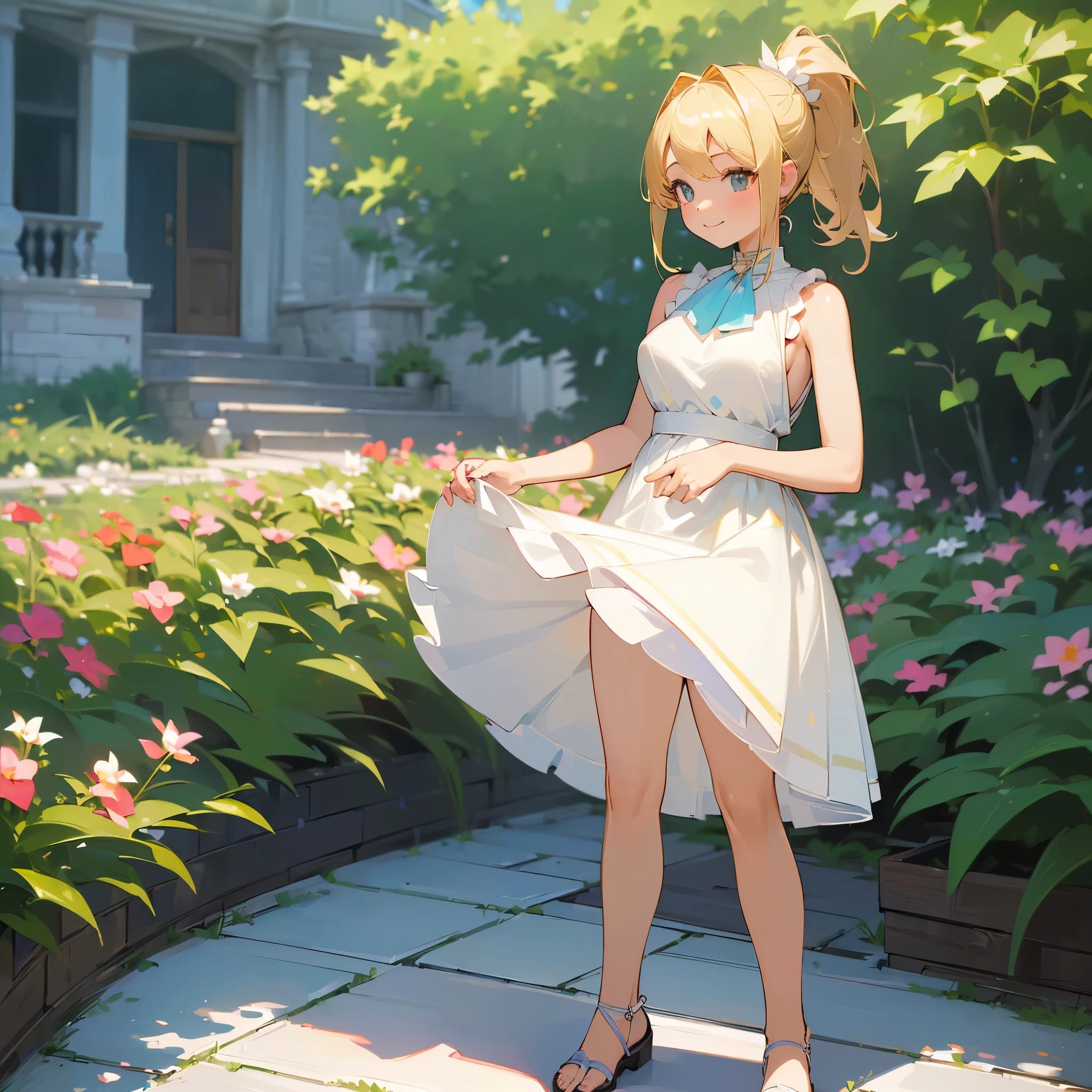 (high quality, High resolution, Very detailed, reality:1.37), Peaceful atmosphere, (Outdoor, garden), Teenage girl standing alone, (my breasts are big.), Beautiful details, Cute Smile, (Blonde Ponytail), White sleeveless dress, Sandals.