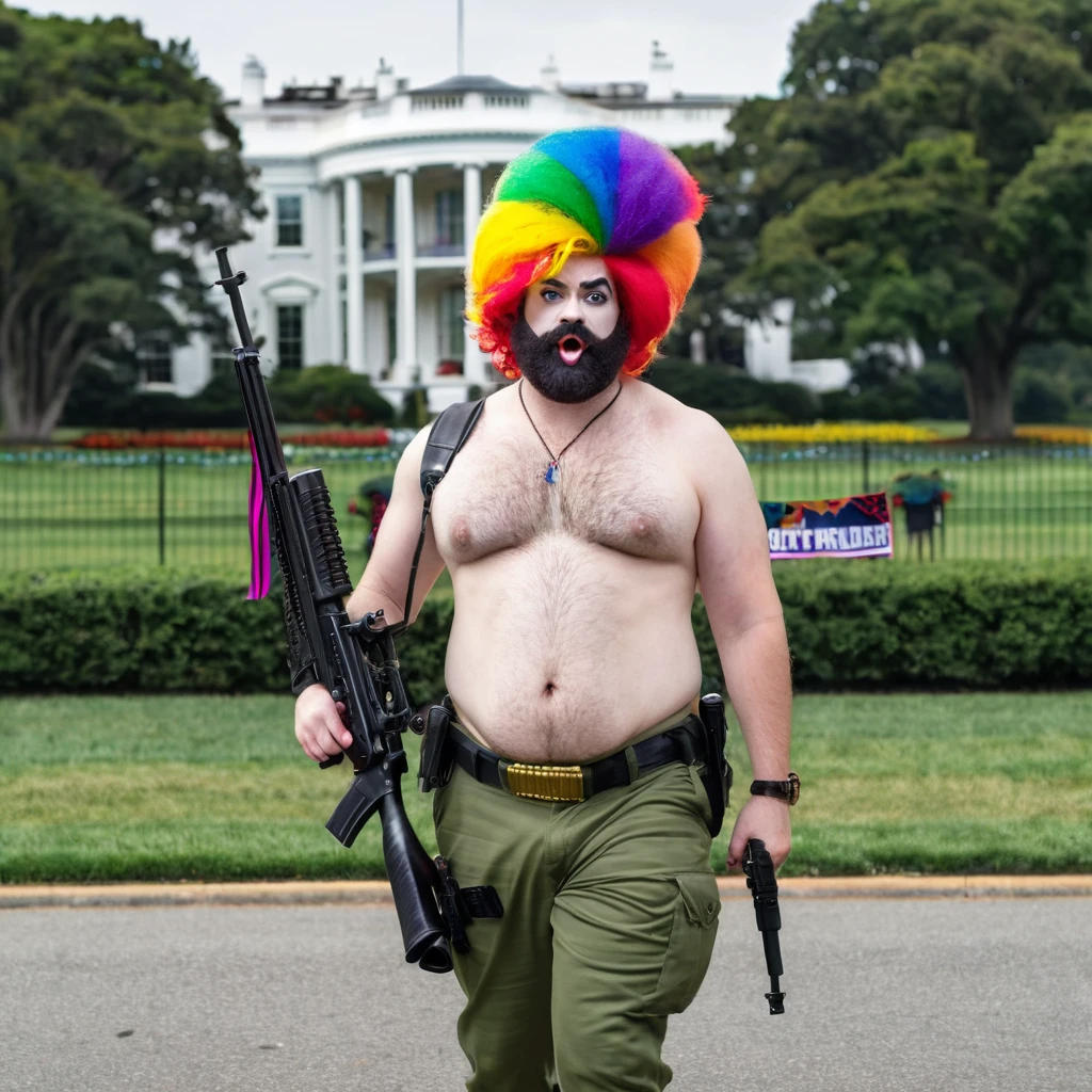 A fat badly out of shape hairy man, comically bad makeup, bad wig, dressed like a slut, carrying a toy rifle and a LGBTQ flag marches in front of the USA White House