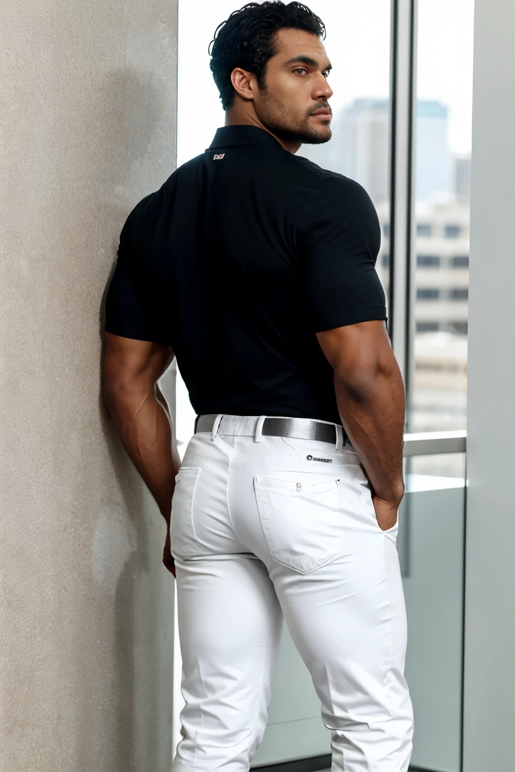 Un hombre ????? con la cara se parece a Henry Cavill. Black man, Su cuerpo es musculoso y pe barba dentada.  Big butt, in a moment of reflection. Full body. Camisa Fajada, semi formal clothing white pants, backside. 
