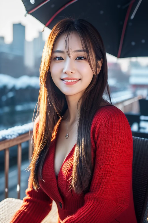 (masterpiece:1.3), (8k, Photorealistic, Raw photo, Best image quality: 1.4), Korean Idols、(Long Hairstyles:1.2)、girlfriend on date、Sitting in a chair facing the front、Cleavage:1.2、Super detailed face、Attention to detail、double eyelid、Put your chest together、Sharp focus:1.5、Beautiful woman:1.4、Light brown hair、highest quality、masterpiece、超A high resolution、(Photorealistic:1.4)、Highly detailed and professionally lit smile、thin、Red futuristic dress、Serious expression、Deadly position、Snowy winter cityscape、No logo
