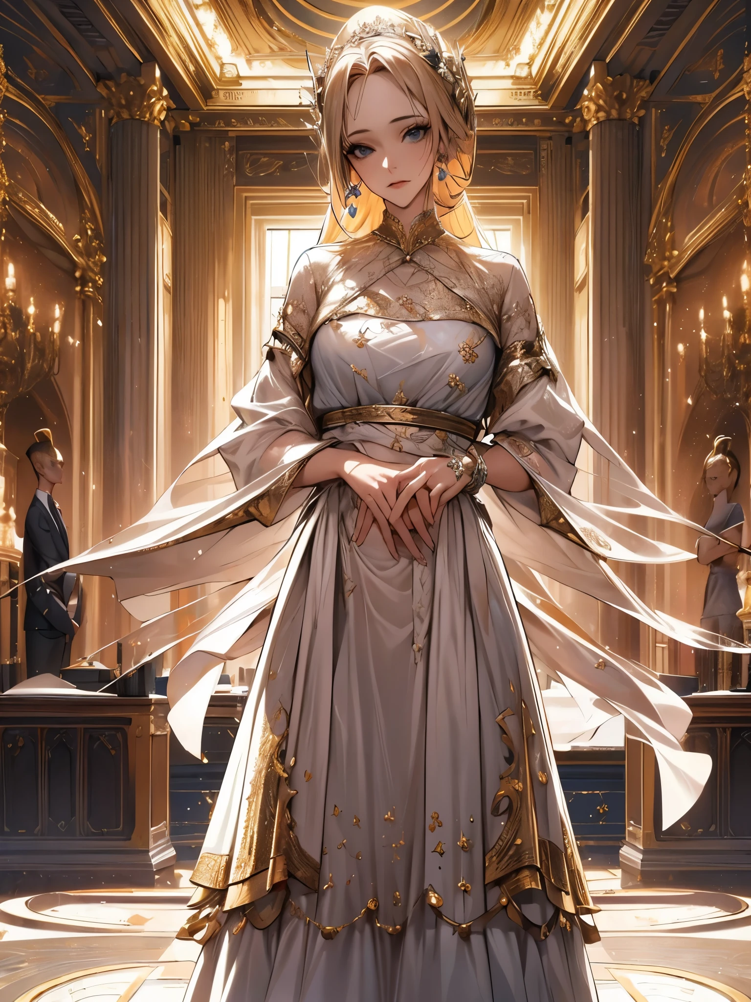 obra de arte, Excelente, (desk: 1.8), Desenho CG com detalhes super altos, standing, 1 royal sister, Nervoso, uma mulher com cabelo curto e bronzeado, vestido em camadas, hands crossed at the waist, Facing the public, illustration, panorama grande angular