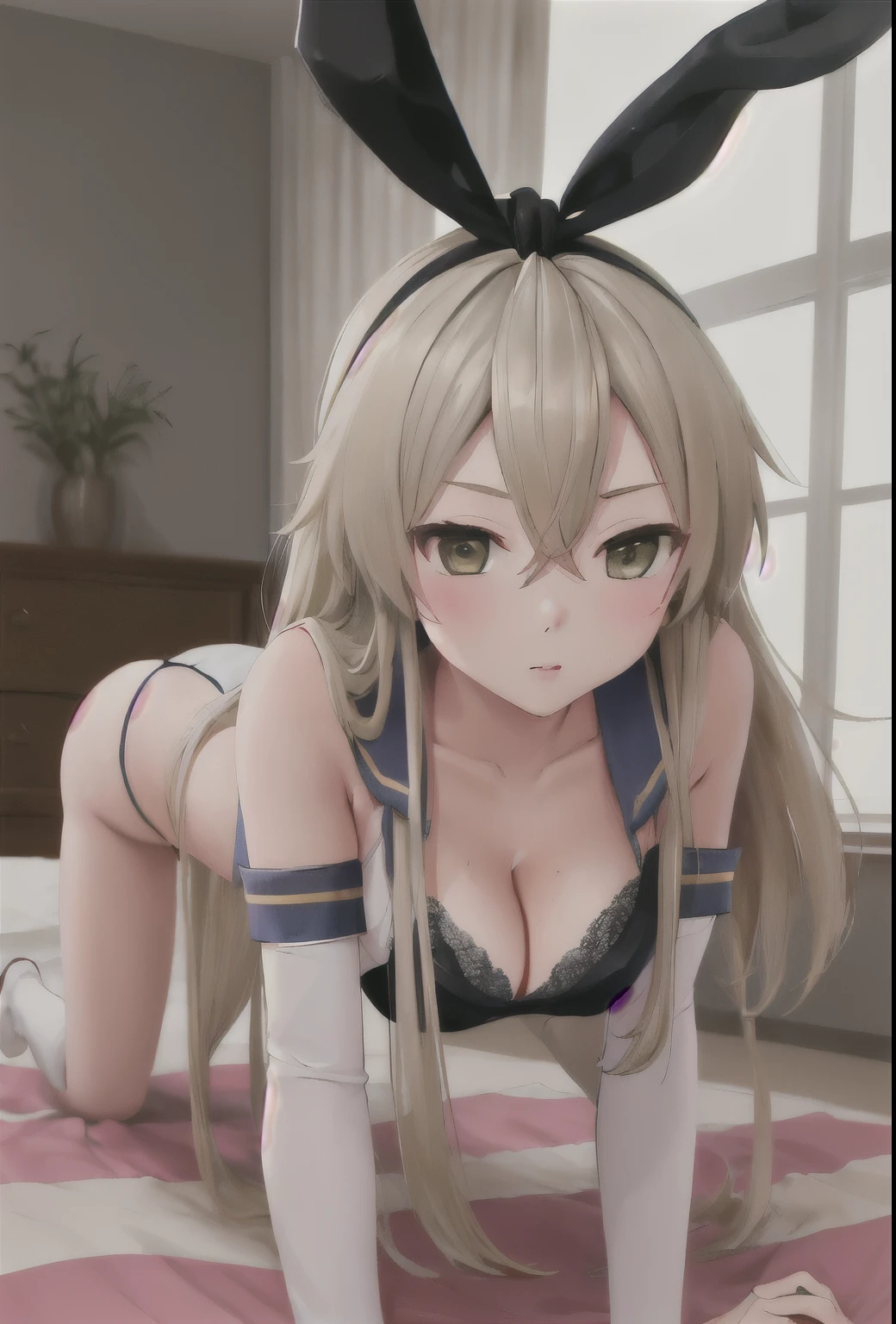 {Safety:1.10}, highest quality, masterpiece, High resolution, alone, {shimakaze_Fleet Collection:0.90}, ((whole body、Sexy pose、On the bed、On all fours、Cleavage))