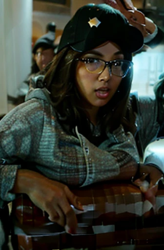 brunette Latina ussbbw wearing leggings and a hoodie with glasses and a baseball cap stuck in the chimney, she is too big