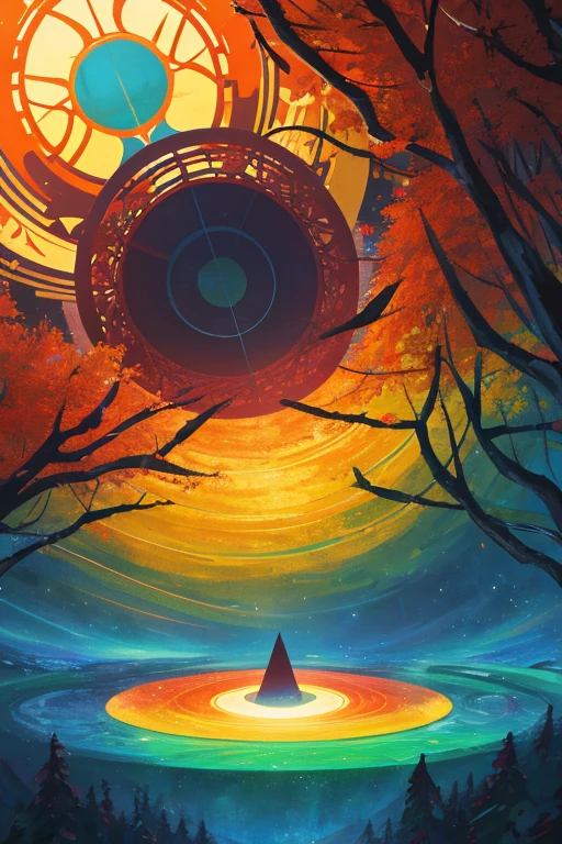 opening of the mind into utopia, utopiasphere, abstract art, trees, circular warm colors contrasting with nature