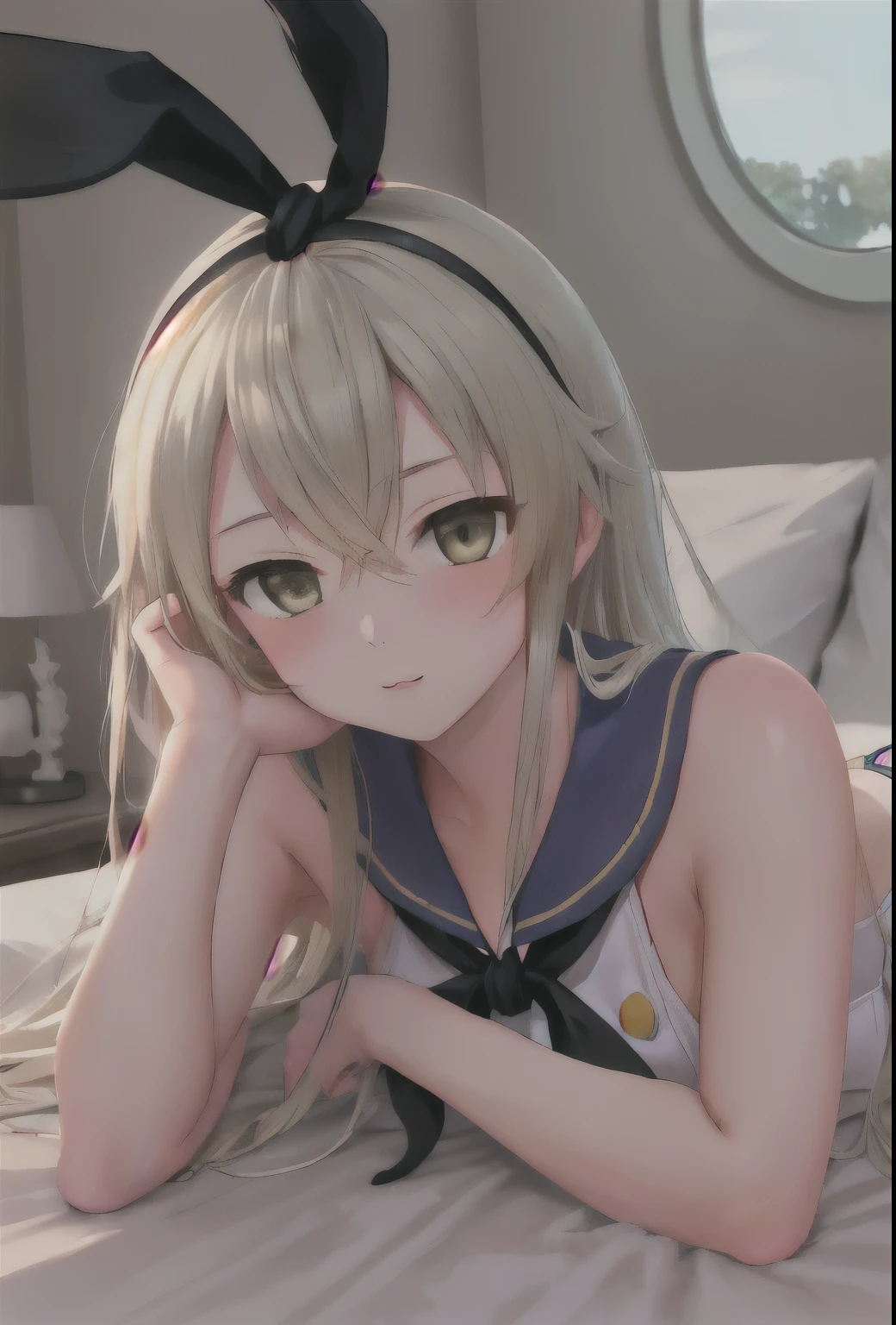 {Safety:1.10}, highest quality, masterpiece, High resolution, alone, {shimakaze_Fleet Collection:0.90}, ((whole body、Sexy pose、On the bed、Lying on your back))