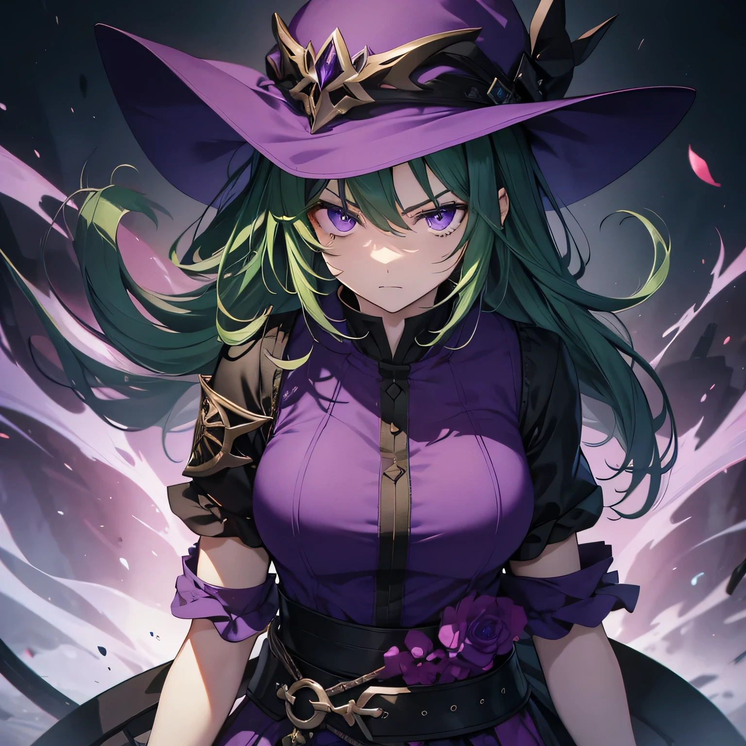 Best image quality、highest quality、Beautiful Eyes、4k、expression of murderous intent、Expressions of hatred、Purple Eyes、Green Hair