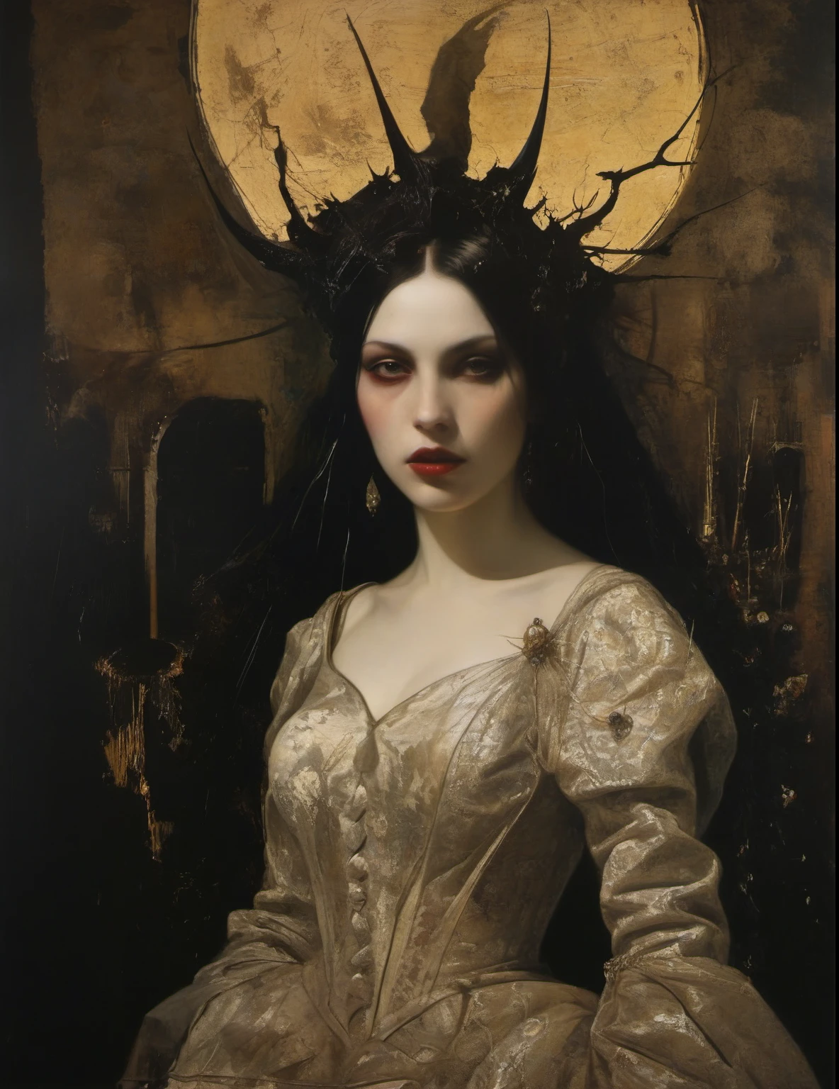 James Gurney, Surrealist art , dream-like, Mysterious, Provocative, symbolic, Complex, detailed,, (Gothic but very beautiful:1.4), (masterpiece, highest quality:1.4) , Nicola Samori Style, the devil woman 