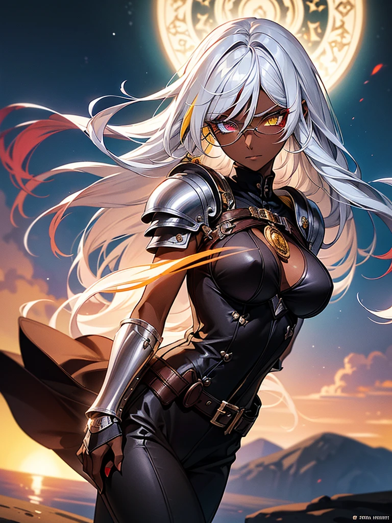 (masterpiece, best quality), (Official art, masterpiece, 8k, ultra-detailed), ultra-detailed, photo of a beautiful 32 year old woman, ((dark skin)), white hair, wearing round glasses on her face, eyes red and yellow, wearing a tight black jumpsuit, with light armor, large, ultra-detailed breasts, (ultra-detailed face), (1 dark-skinned woman), long white hair, ((((Heterochromia in eyes, detailed red and yellow eyes)))), (very detailed eyes: 1,2), (((detailed red and yellow eyes))), heterochromia of red and yellow eyes very well presented, (wearing round glasses on the face very detailed: 1,2), well designed glasses, ((gauntlets and high heel boots)), witch items, belts, (ideal body proportion), ((black jumpsuit with light armor)), ultra detailed character, wallpaper, pinterest, Fantasy Art, (Fantasy art), fantasy scene, (medieval magic village), wallpaper, pinterest, front photo, exterior, cinematic photo, natural light, beach photo, wallpaper, pinterest, badass image, perfect photo, volumetric lighting