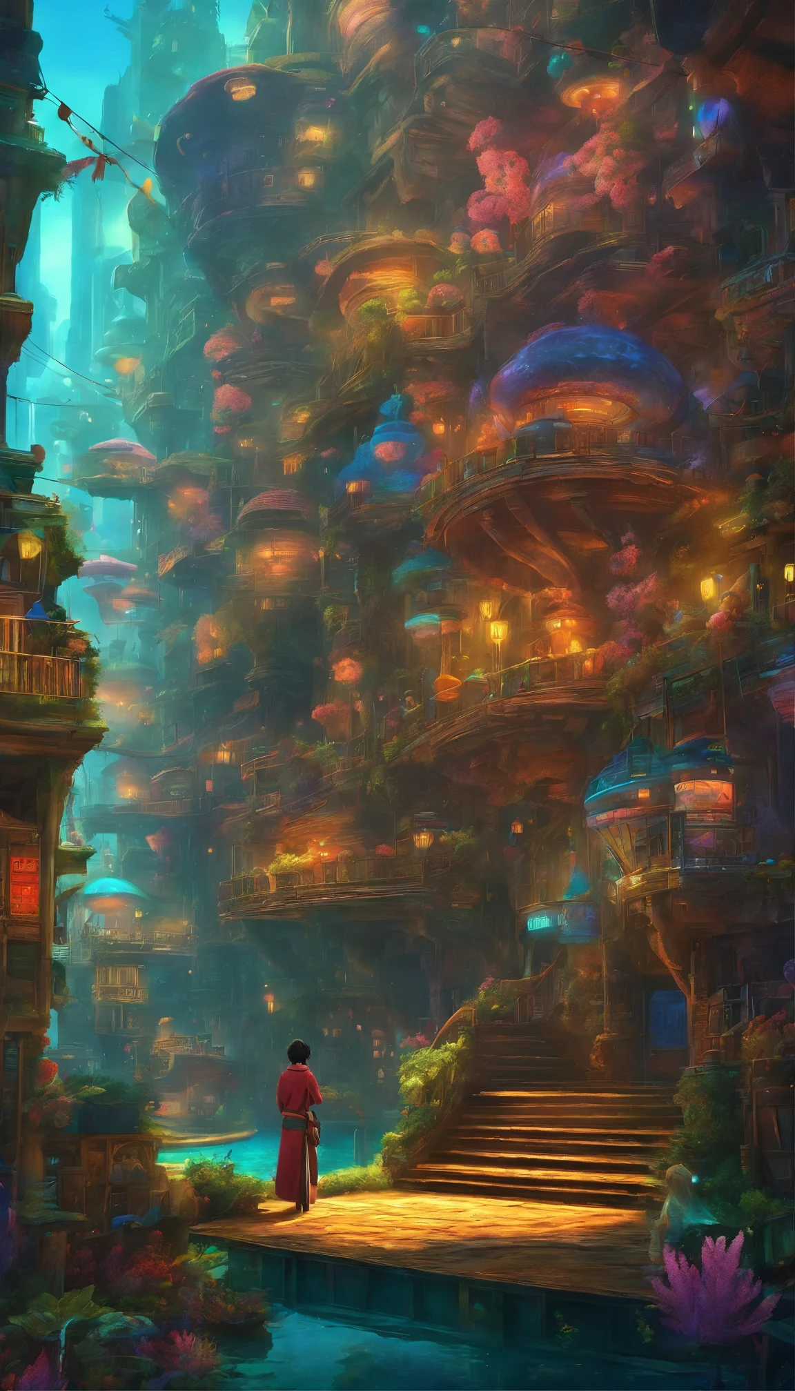 Fantastic underwater world(Color:1.2)In the abyss of、The irregularly shaped building evokes the whimsical artistry of Hayao Miyazaki.、Floating gracefully beneath the rolling waves。This architectural marvel is surrounded by patchwork cottages.、Its vibrant appearance、Blue appears to thrive in moist underwater environments々Decorated with moss decorations。The exterior of the building is intricately detailed.、The coral growth and iridescent light create a soft and elegant glow.。This underwater city、Concept art inspired by the amazing work of Andreas Rocha