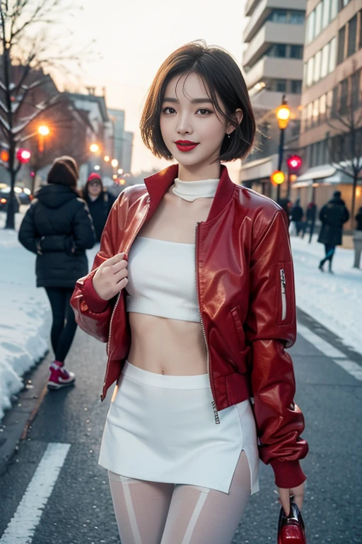 best quality, 4k, 8k, Detailed faces, clear face, pretty girls, Korean makeup, Red lips, laugh, perfect body,shoulder length straight short hair,small breasts,thigh,slim,thin, The girl wears , Underneath the jacket was a toptube and pantyhose, lower abdomen, Snowscape, winter, street,