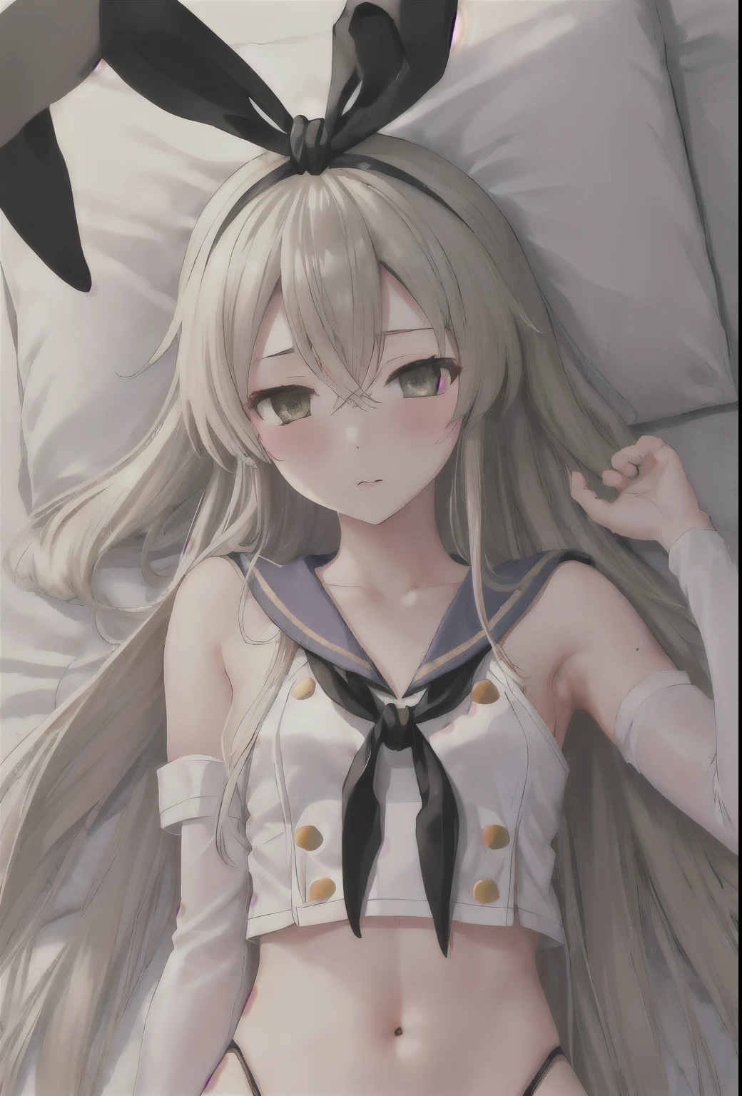 {Safety:1.10}, highest quality, masterpiece, High resolution, alone, {shimakaze_Fleet Collection:0.90}, ((whole body、Sexy pose、On the bed、Lying on your back))