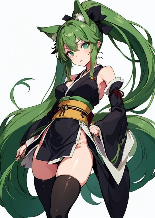 Masterpiece, best quality, expressive eyes, perfect face, animal ears, multiple girls, 3girls, thighhighs, tail, green hair, detached sleeves, ponytail, monster girl, long hair, twintails, breasts, simple background, japanese clothes