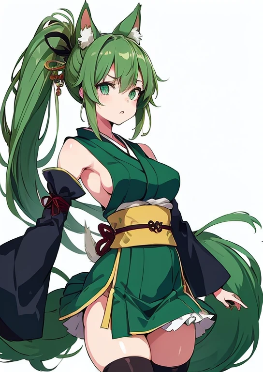 Masterpiece, best quality, expressive eyes, perfect face, animal ears, multiple girls, 3girls, thighhighs, tail, green hair, detached sleeves, ponytail, monster girl, long hair, twintails, breasts, simple background, japanese clothes 