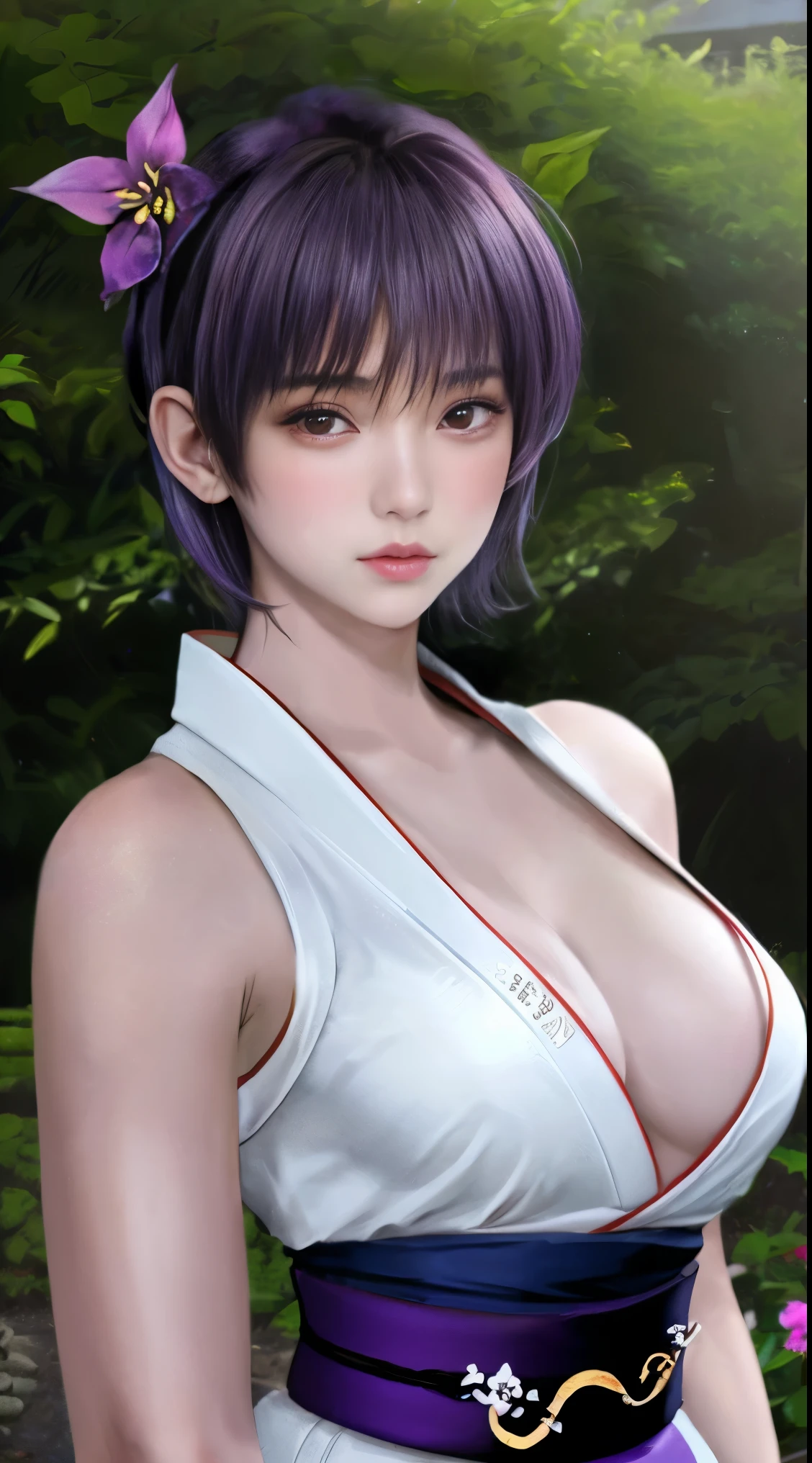 最high quality、high quality、Best image quality、8k、最High resolution、High resolution、最high quality、masterpiece、RAW Photos、whole body写真、Detailed and realistic human body、Detailed and realistic skin、Realistic face in every detail、Detailed and realistic eyes、Detailed and realistic lips、Detailed and realistic teeth、Detailed and realistic ears、Detailed and realistic hair、Realistic reproduction of every detail、Realistic reproduction of every detailされた5本指フィギュア、(Perfect and beautiful hands、thumb1reference4)、Realistic feet down to the last detail、((Beautiful Japanese Girl))、(Japanese Model)、((18 year old beautiful girl))、((A girl who looks like DOA Ayane)、(Purple Hair)、(Straight hair)、((whole body))、(Slim and perfect athletic body)、(whole body光沢肌、Fair skin)、Soft natural light、kimono、Ninja costume、Japanese tradition、Japanese garden、((カラフルな革のkimono))、((肌に張り付くkimono))、((Natural poses in the garden to make your thighs look beautiful))