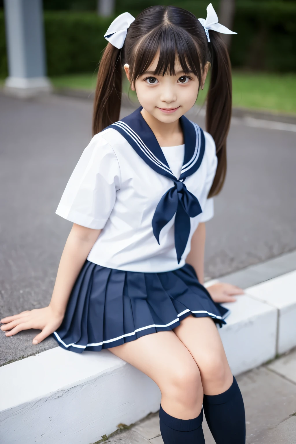 Stand facing forward,The whole body is visible,Standing facing the camera,The whole body is reflected on camera,(highest quality, 4K, High resolution:1.1), blonde, Twintails with bangs, Japanese Gal, (Anatomically correct:1.1), ( girl with the face of a young childhort skirt, Short-sleeved sailor suit,Sailor collar ((Pleated skirt turned up)), Beautiful naked thighs:1.5,Bare arms、Brown Loafers, Black shoes, Japanese Sailor Suit, White blouse, ribbon, Dark blue socks.((Loli and Chibi Girl))、