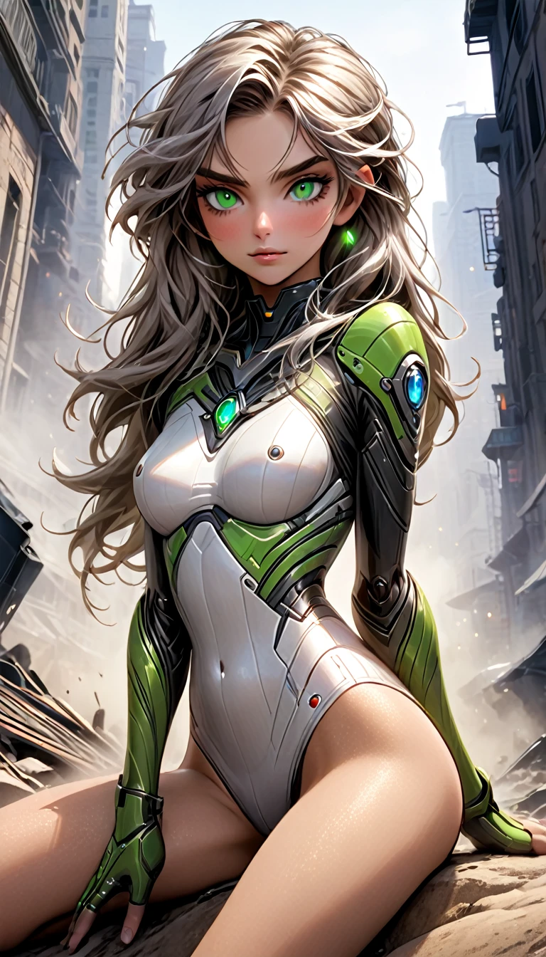 ((high res), (ultra detailed), [colorful], (depth of field), (perfect face), (8k), (fill light), (pictorial), detailed outfits, rich in details and textures. sharp focus face, look at viewer, comic, anatomical posture, hand and foot reference anatomy, 1 Slender passionate 20 y.o woman pose, Long white-grey disheveled messy realistic hair with green strands,wide realistic eyes with iris , detail cute beautiful model face,  Hourglass Figure, fit seductive body, Long Slender Legs, white military boots , white tight pilot bodysuit with leggings ,  chest armor, biomechanical  boots , Science Fiction, soft front light. dynamic angle, Pixar rendering.

Desert, sandstorm, ruins of the city on the horizon in smoke, poisonous puddles on the ground, dirt and garbage, the girl is sitting on a piece of rock with gun in hand . After the battle.  