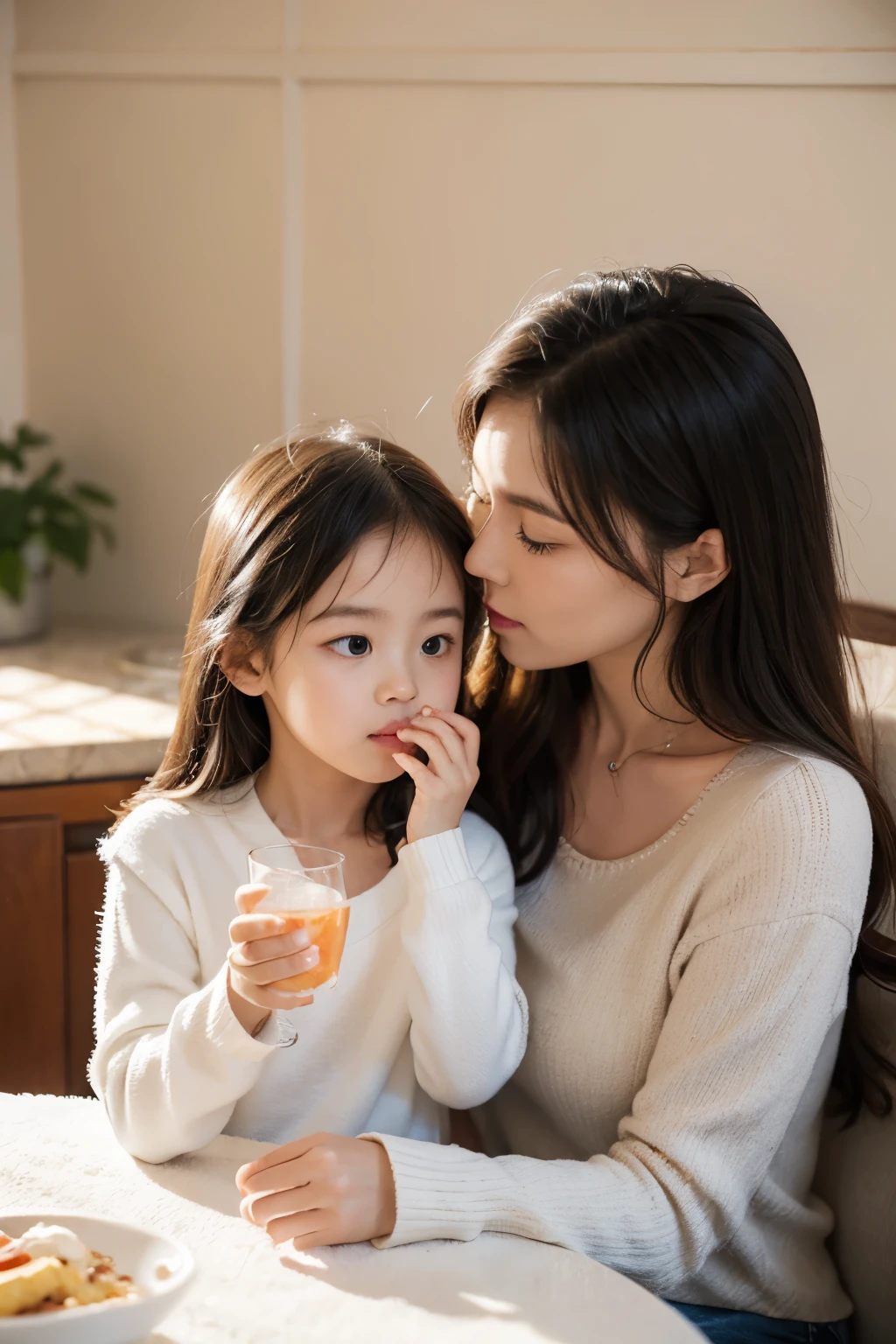 Mother and daughter eating and drinking water on cozy indoor ring background