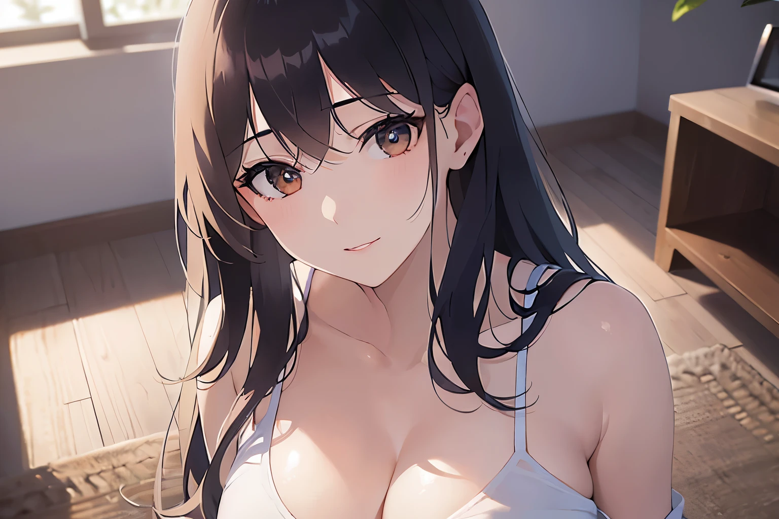 Shooting from above、looking up, (Placing hand on chest:1.2), five biologically correct fingers, Cleavage、Upper Body, Realistic, real person, (pale skin: 1.2), RAW photo, photorealistic, shiny skin, shiny hair、(A 25-year-old woman with medium-length hair and bangs) and (wavy hair) and (brown hair) and (orange eyes) , (white) and (T-Shirts:1.2) 、smile, The background is the living room、Alone、Are standing