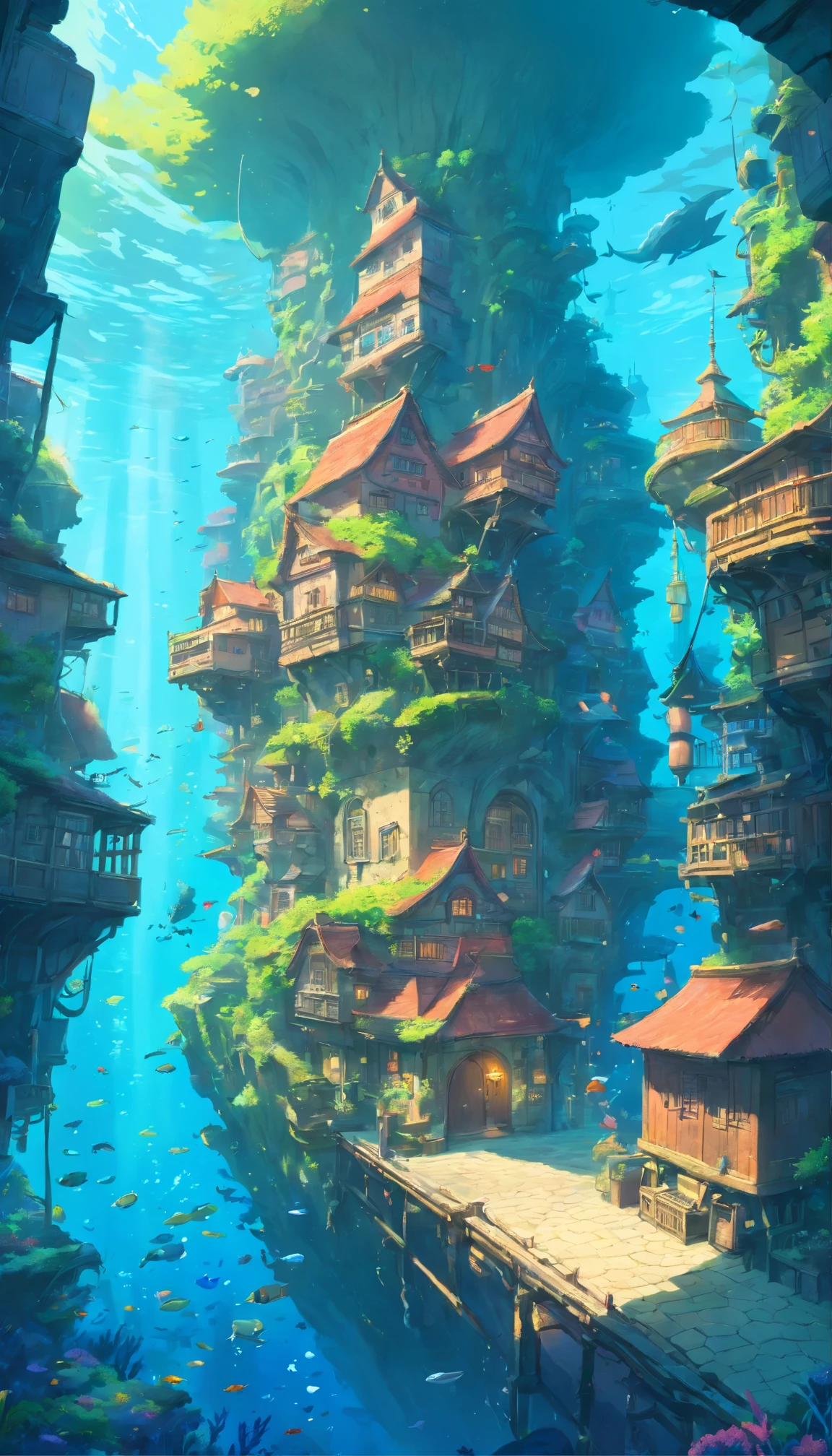 Fantastic underwater world(Color:1.2)In the abyss of、The irregularly shaped building evokes the whimsical artistry of Hayao Miyazaki.、Floating gracefully beneath the rolling waves。This architectural marvel is surrounded by patchwork cottages.、Its vibrant appearance、Blue appears to thrive in moist underwater environments々Decorated with moss decorations。The exterior of the building is intricately detailed.、The coral growth and iridescent light create a soft and elegant glow.。This underwater city、Concept art inspired by the amazing work of Andreas Rocha
