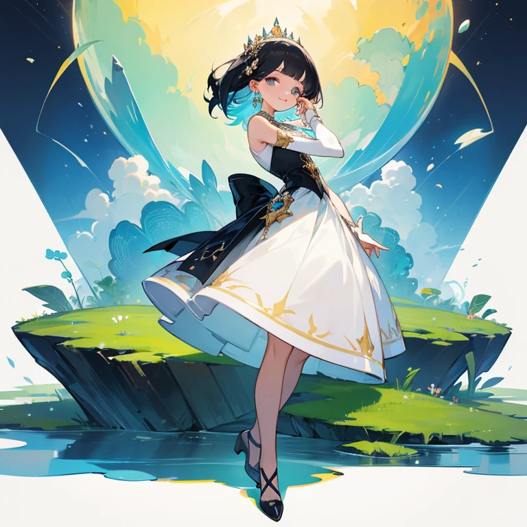 Micro Landscape,(((girl))),wearing a skirt,Full body image,Nice face,With earrings,Smile,hapiness,clean,Glass texture,Princess dress,Exquisite clothes,Colorful art