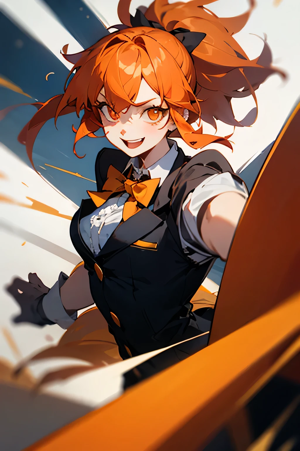 Highest quality Highest quality masterpiece Super detailed An illustration One Girl tall Orange short bob Small breasts Choker with orange round gemstone Oversized cream off-white sweater Moe sleeves Ribbon on waist No pants black tights Orange indoor slippers