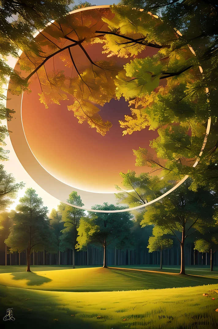 opening of the mind into utopia, utopiasphere, abstract art, trees, circular warm colors contrasting with nature
