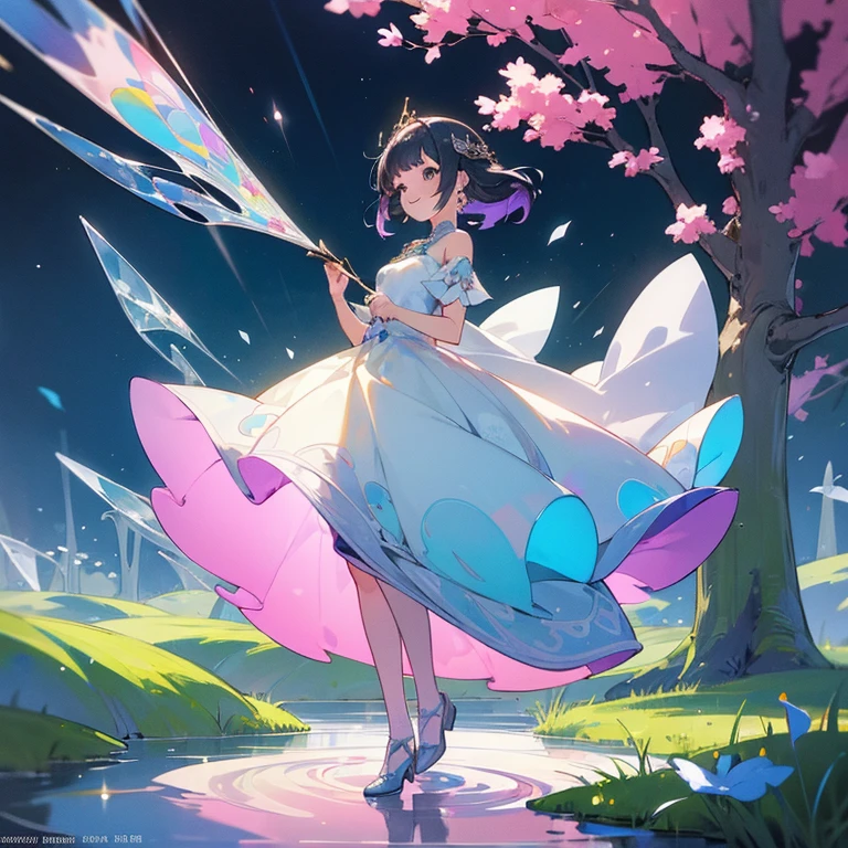 Micro Landscape,(((girl))),wearing a skirt,Full body image,好look的脸,With earrings,Smile,hapiness,clean,Glass texture,Princess dress,Exquisite clothes,Colorful art,Translucent Woman、一个15岁左右的girl、 look、Leaning against a tree