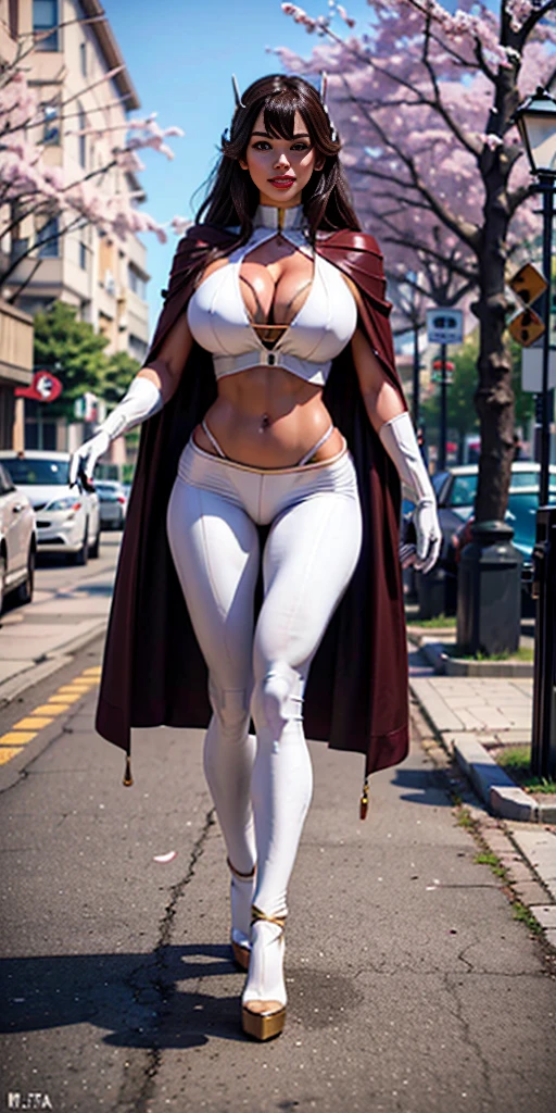 (Eris Boreas Greyrat) 1GIRL, SOLO, (ssmile, makeup, beautifull eyes, red libs, gold dragon helm), (HUGE BOOBS:1.4), (MECHA GUARD ARM, GLOVES), (white, GIRL IN MECHA CYBER ARMOR CROP TOP, ROYAL CAPE, CLEAVAGE, SKINTIGHT HOTPANTS, HIGH HEELS:1.4), (SLENDER BODY, SEXY LONG LEGS, FULL BODY:1.5), (MUSCLE ABS:1.2), (LOOKING AT VIEWER:1), (WALKING DOWN ON STREET NIGHT CHERRY TREES:1.3), PHYSICALLY-BASED RENDERING, ULTRA HIGHT DEFINITION, 8K, 1080P.
