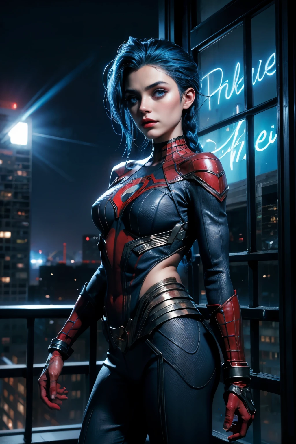 lindos ojos azules, bien detallado.traje azul y rojo de spider man. Jinx and metropolis, de noche. en un super edificio alto, con traje de super heroe, Spider woman
