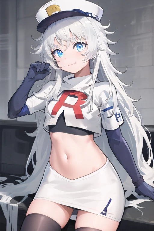 masterpiece, best quality, highres, 1girl, solo, long hair, hat, blue eyes, white hair, messy hair, team rocket,team rocket uniform,white skirt,red letter R,crop top,black thigh-highs,black elbow gloves