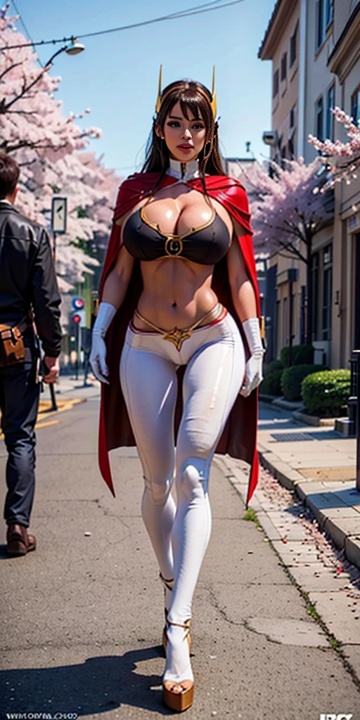 (Eris Boreas Greyrat) 1GIRL, SOLO, (ssmile, makeup, beautifull eyes, red libs, gold dragon helm), (HUGE BOOBS:1.4), (MECHA GUARD ARM, GLOVES), (white, GIRL IN MECHA CYBER ARMOR CROP TOP, ROYAL CAPE, CLEAVAGE, SKINTIGHT HOTPANTS, HIGH HEELS:1.4), (SLENDER BODY, SEXY LONG LEGS, FULL BODY:1.5), (MUSCLE ABS:1.2), (LOOKING AT VIEWER:1), (WALKING DOWN ON STREET NIGHT CHERRY TREES:1.3), PHYSICALLY-BASED RENDERING, ULTRA HIGHT DEFINITION, 8K, 1080P.