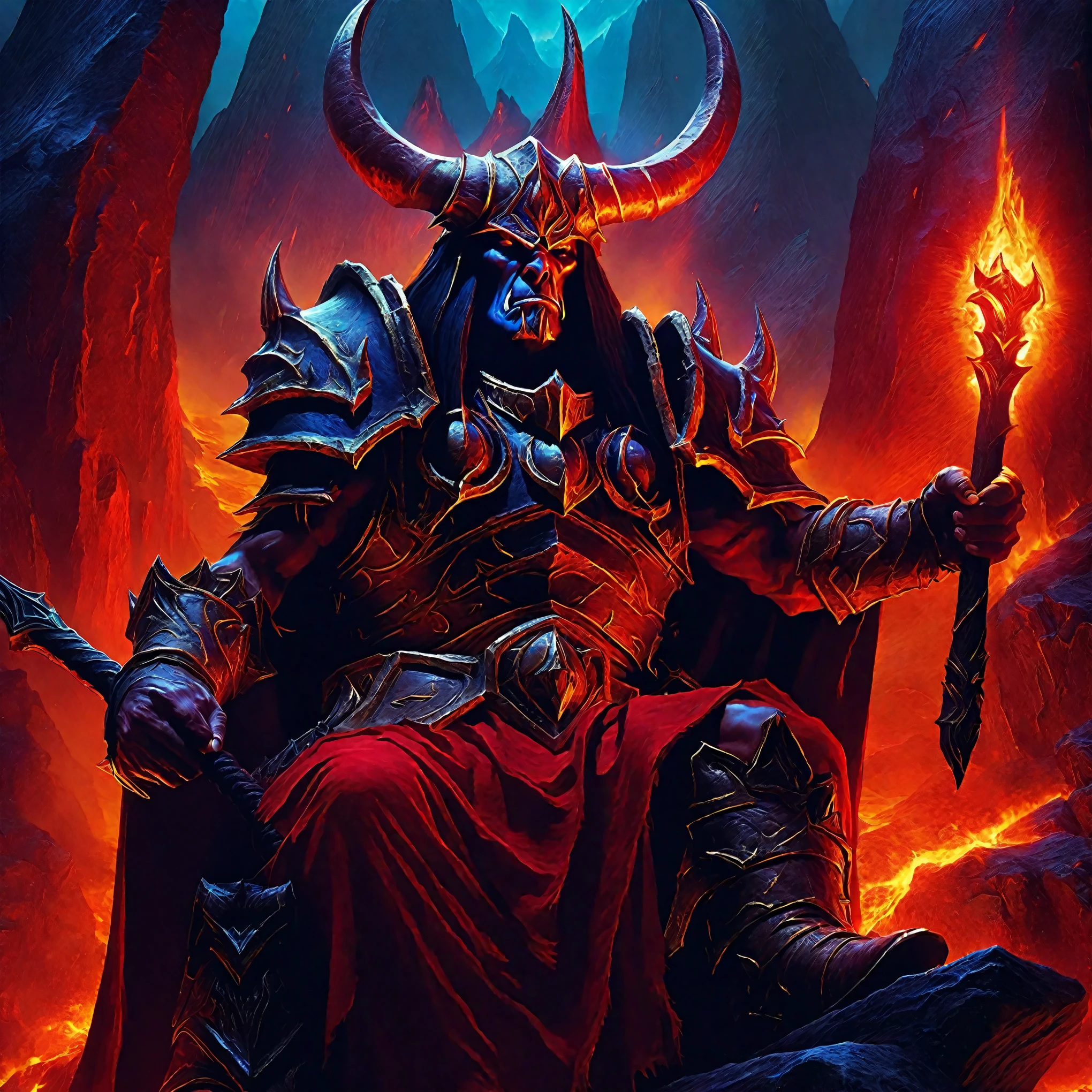 Dante Alighieri sentado em um trono em uma caverna de lava, Arte de World of Warcraft, arte conceitual de world of warcraft, Arte de World of Warcraft style, Arte em tinta de World of Warcraft, blizzard Arte de World of Warcraftwork, Arte de World of Warcraftwork, filmes de Jeff Easy, inspired autor：Jeff Easley, arte conceitual digital do Diablo, autor：Jeff Easley, arte conceitual do diabo, do mundo de warcraft
