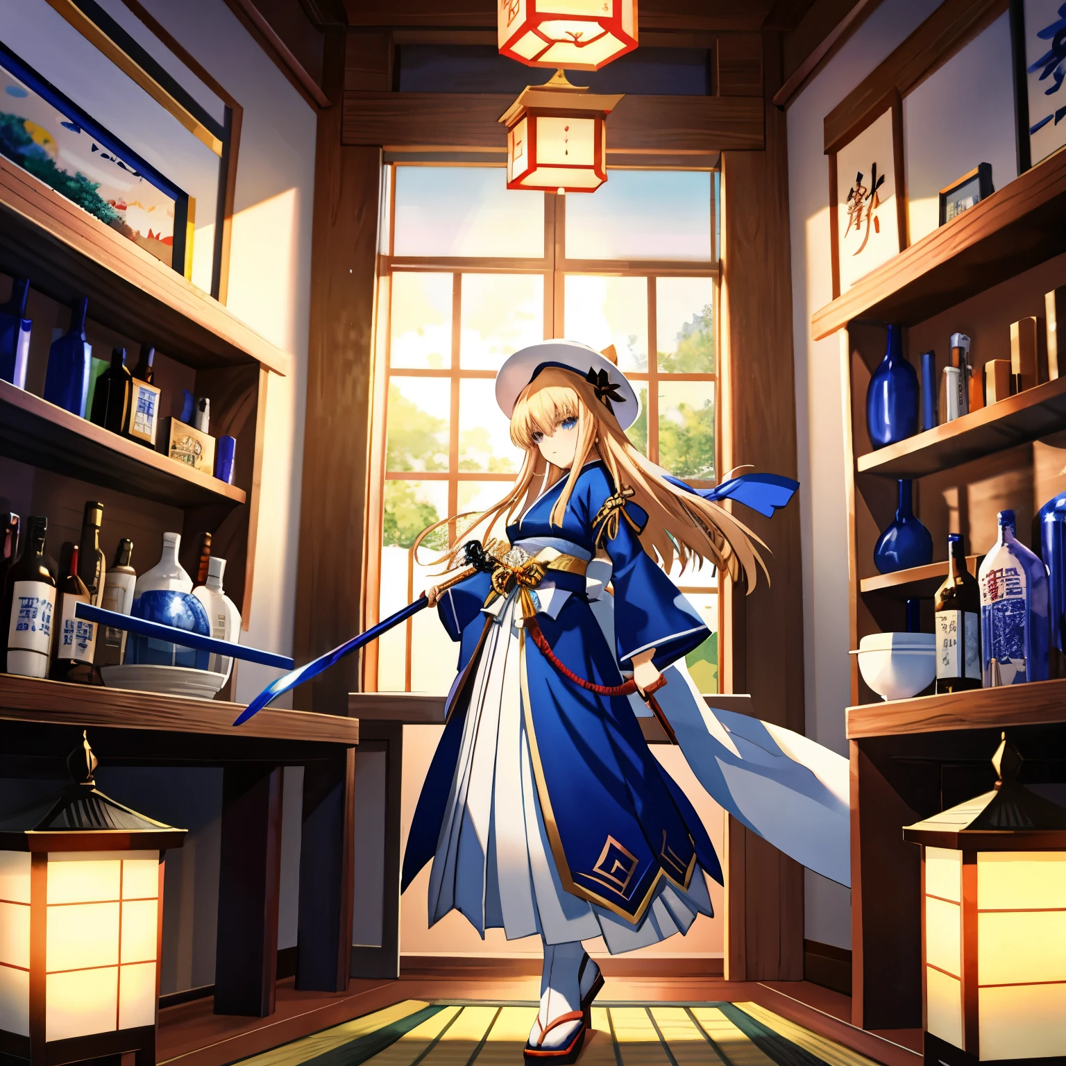 # AI Illustration Prompt for seeart

## Resolution
- 8K Digital Art, Anime Art Wallpaper 8K

## Quality
- Ultra Detailed Art

## Image Quality
- Ultra Fine, Ultra Fine Beauty
- Ultra Fine Illustration, Ultra Fine Animation
- Ultra Fine Short Full Body Portrait, pixiv Digital Art

## Style
- White Anime Barbie, Biomechanical
- Anime Moe Art Style, Dress
- Desktop Background, "Fate/Stay Night"
- "Fate/Grand Order"

## Costume and Background
- Character is wearing a white hat and a blue traditional Japanese garment
- Background features shelves with an array of bottles, predominantly in brown and amber

## Possessions
- Character does not hold any items or weapons

## Pose
- Character is positioned to make eye contact over the counter

## Light and Shadow
- Lighting is natural, coming from the left side, casting soft shadows behind objects
