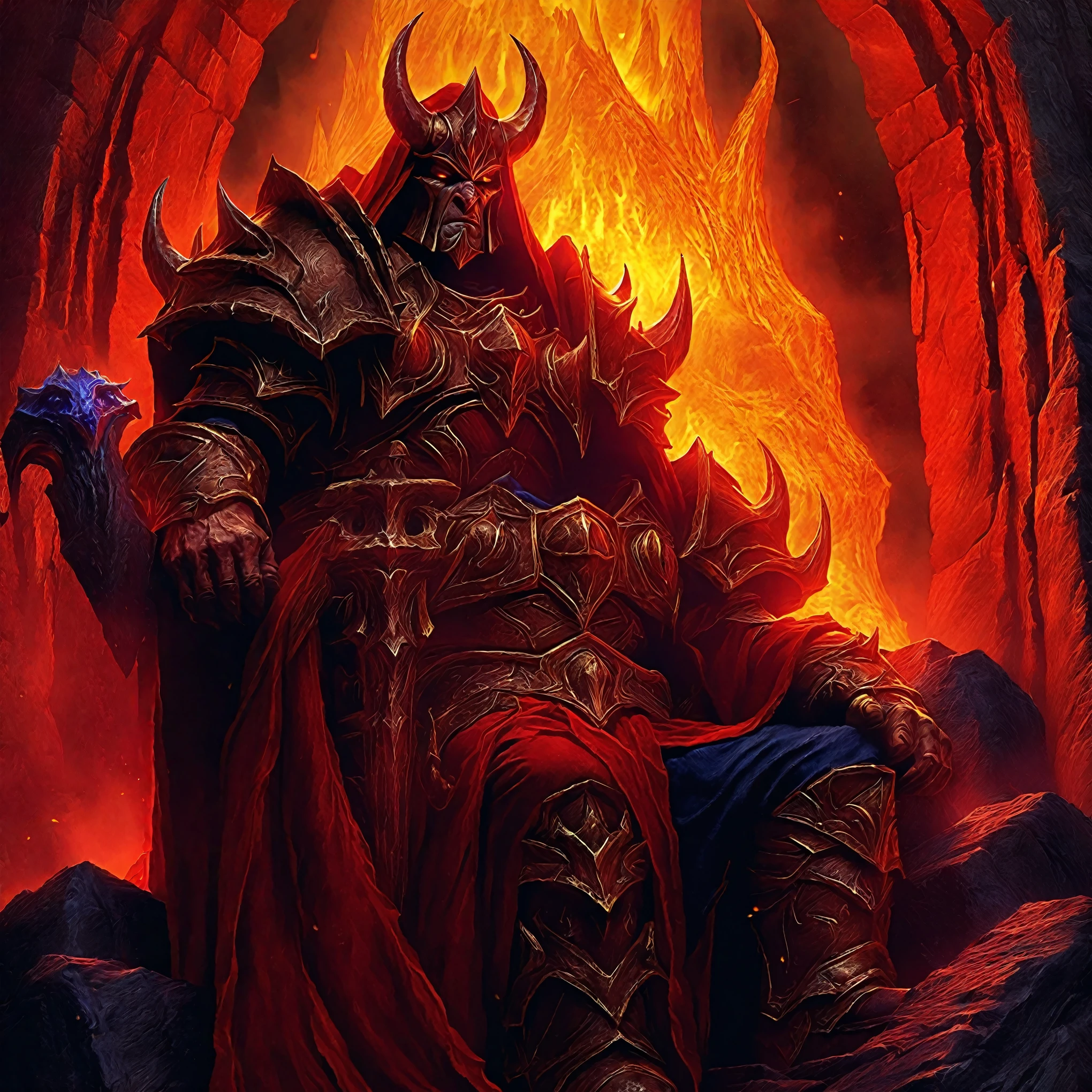 Dante Alighieri sentado em um trono em uma caverna de lava, Arte de World of Warcraft, arte conceitual de world of warcraft, Arte de World of Warcraft style, Arte em tinta de World of Warcraft, blizzard Arte de World of Warcraftwork, Arte de World of Warcraftwork, filmes de Jeff Easy, inspired autor:Jeff Easley, arte conceitual digital do Diablo, autor:Jeff Easley, arte conceitual do diabo, do mundo de warcraft