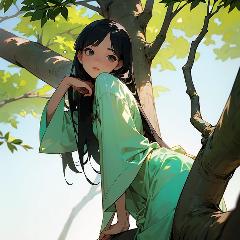 Translucent Woman、A girl around 15 years old、 look、Leaning against a tree