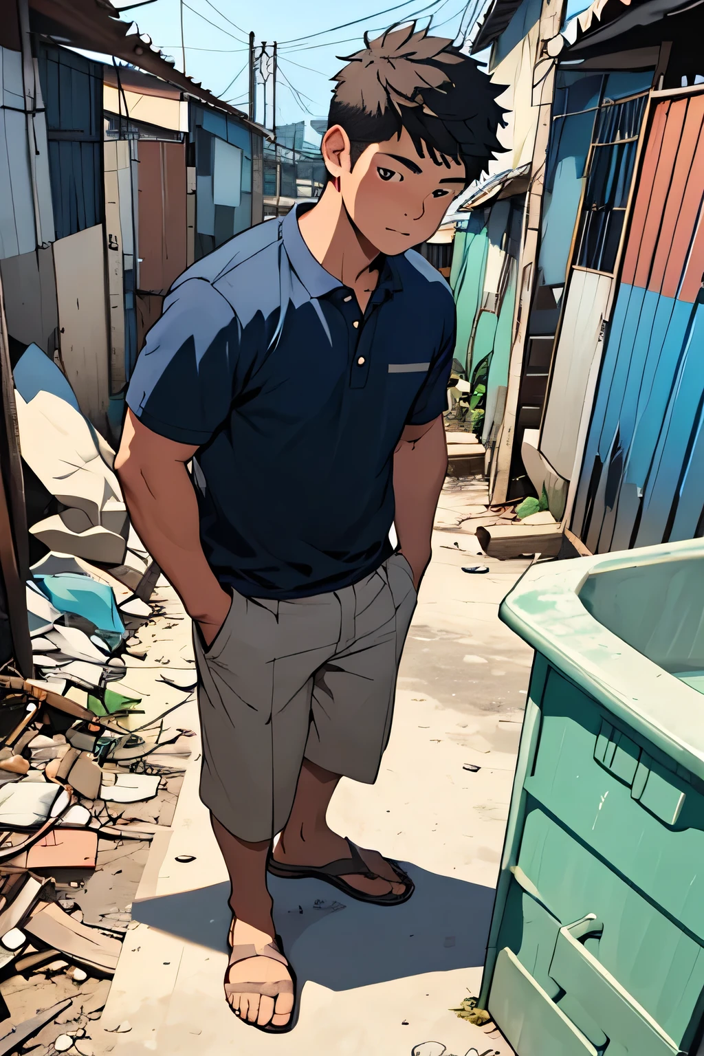 Draw a boy from a simple community who, when he grows up, becomes a renowned businessman, show him in a favela