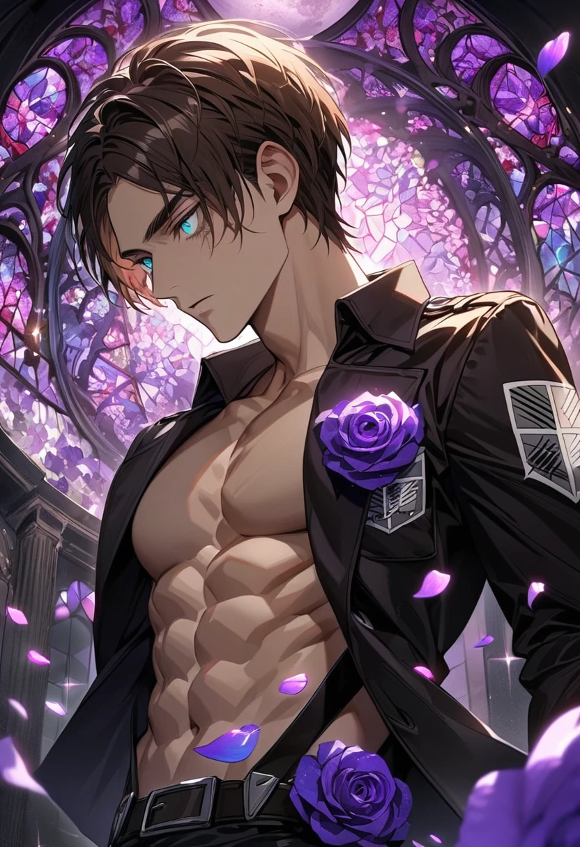 Ultra detailed, HDR, Highres, absurdres, master piece, Eren Jeager, brown hair, expressive turquoise eyes, Shingeki No Kyojin, toned chest, black tight shirt, purple glittering moon, purple ice, petals, purple ice roses, sexy man, solo, extremely detailed face and eyes, handsome, glittering, purple stained glass, black jacket with patterns,