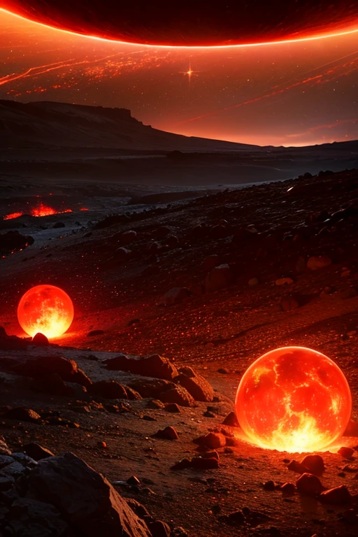 cybernetic earth with a red light inside, mechanized earth crust, the earth sprouts lava, earth's red mantle is visible, hollow earth, vtm, canyons and ridges all across earth, volcanoes erupting, stars and galaxies in the background
