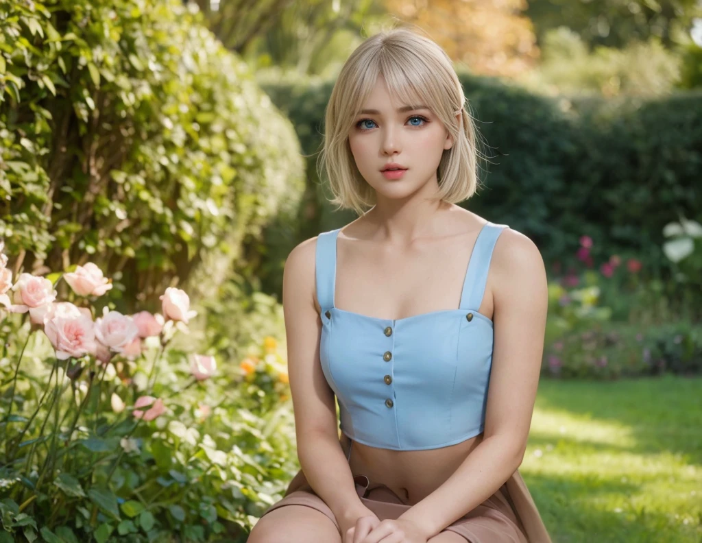 Marie Rose, light blue eyes, (best quality, ultra-detailed), (realistic:1.37), beautiful and detailed face, ultra-realistic texture, delicate face, delicate body, red lipstick, bright colors. High definition, 8k. athletic body