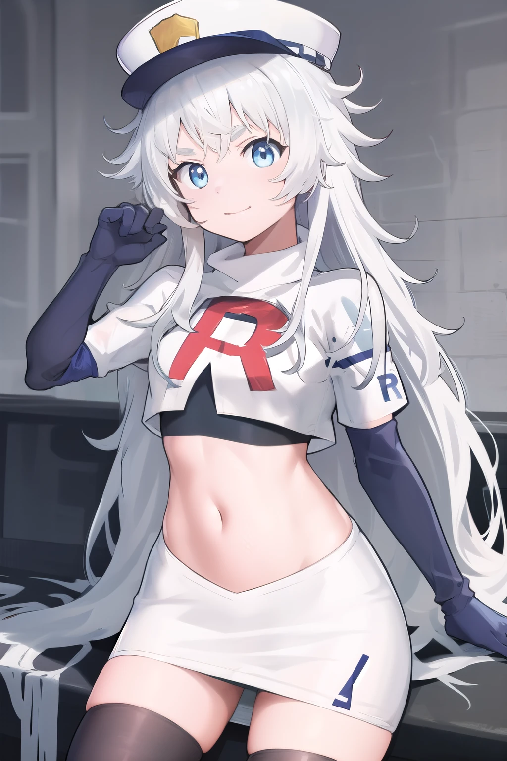 masterpiece, best quality, highres, 1girl, solo, long hair, hat, blue eyes, white hair, messy hair, team rocket,team rocket uniform,white skirt,red letter R,crop top,black thigh-highs,black elbow gloves