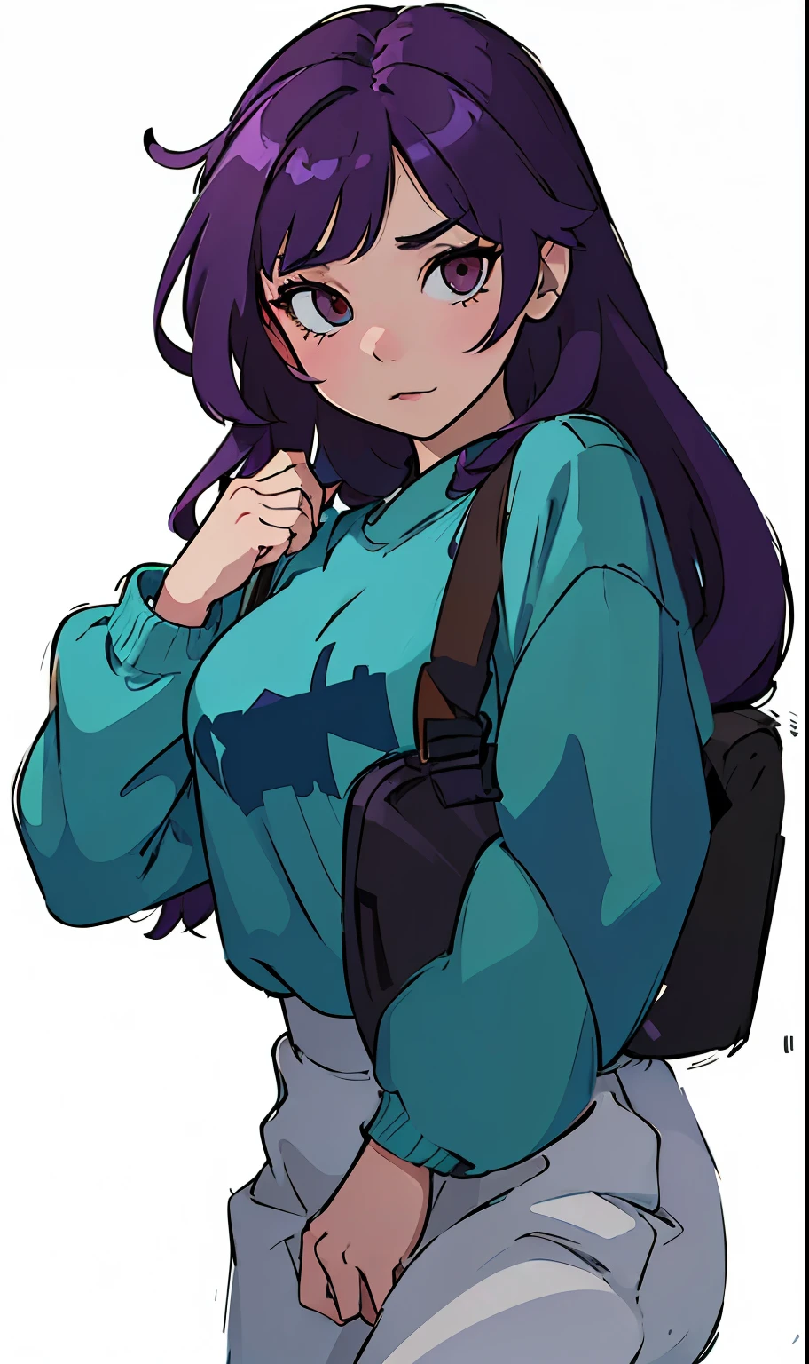 Anime girl with long purple hair and blue shirt sitting on a chair, Anime cute art style, In the anime painter studio, Produced in collaboration with Anime Painter Studio, Flat anime-style shadows, Ilya Kuvshinov long hair, Digital Anime Illustration, Ilya Kuvshinov style, unknown art style, Cartoon rendering art style, Beichuan Ma Lin fan art, Anime art style
