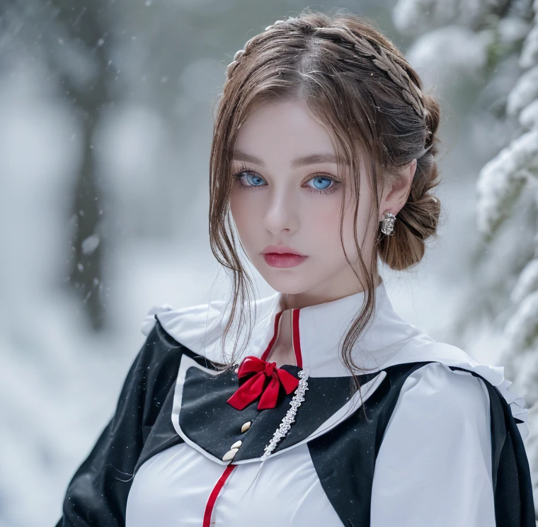 1 miniature Beautiful beautiful woman - Yuan Sayuki, ((top quality, 8K, Masterpiece:1.retty woman, 1 woman, huge breasts:1.3, a slim body:1.1, lush GINGER short hair with 2 buns, (shower, wet body, wet clothes:1.1), very detailed face, detailed lips, detailed eyes, double eyelids, Detailed blue eyes, чрезвычайно Detailed Outstanding Blue Eyes, short GINGER wet hair, GINGER wet hair, Detailed Outstanding Blue Eyes, innocent look at the viewer, very wet wavy white hair, Detailed Outstanding Blue Eyes, huge cross earrings, Outdoors, badges behind, gothic maid uniform, sexy maid dress, bare chest, huge chest tattoo, detailed huge catholic cross earrings, chest tattoo, Outside, wear a silver cross (Detailed cross shape), reality mode, wet breasts, black necklace, human crowd behind, black latex gloves, hair of white snowy colour, night time, red neon lights, demonic nun, nimbus (golden lighting ring above her head), angel, snowy weather, sexy pose, white lingerie, black maid dress, detailed flower wreath made of different colours, open chest (tattoo on her chest)
