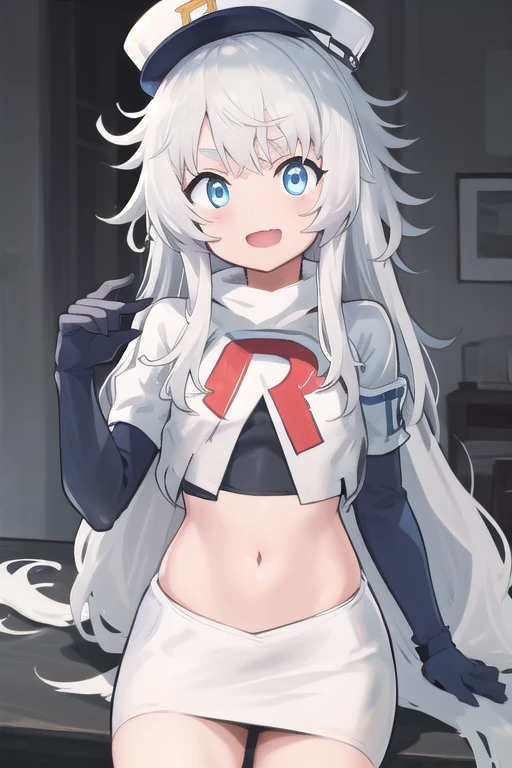 masterpiece, best quality, highres, 1girl, solo, long hair, hat, blue eyes, white hair, messy hair, team rocket,team rocket uniform,white skirt,red letter R,crop top,black thigh-highs,black elbow gloves